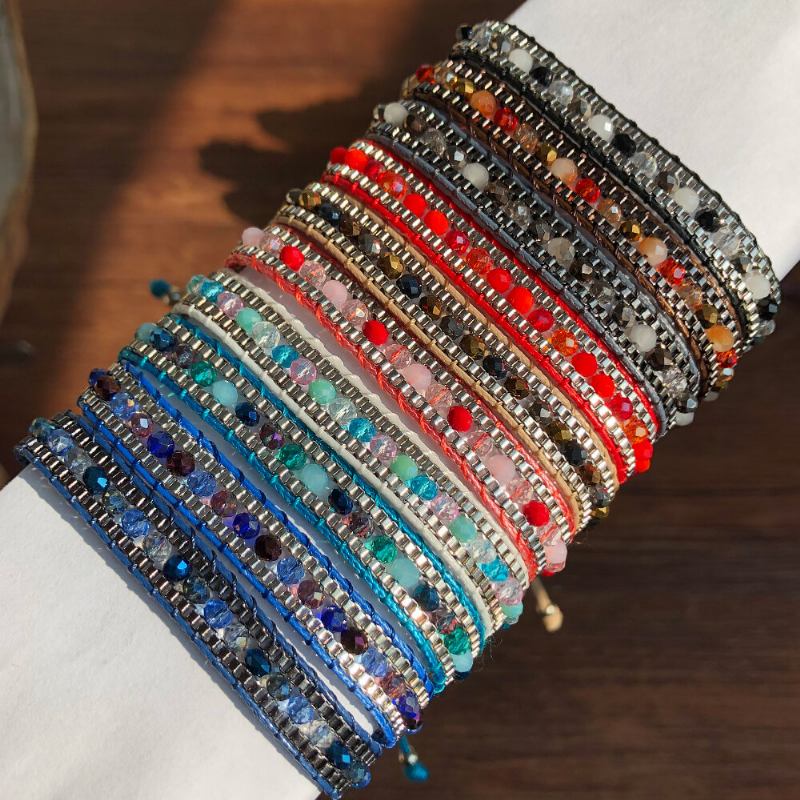 10 Farver Bohemian Crystal Beaded Armbånd Flerlagsreb Teleskopjustering Damearmbånd