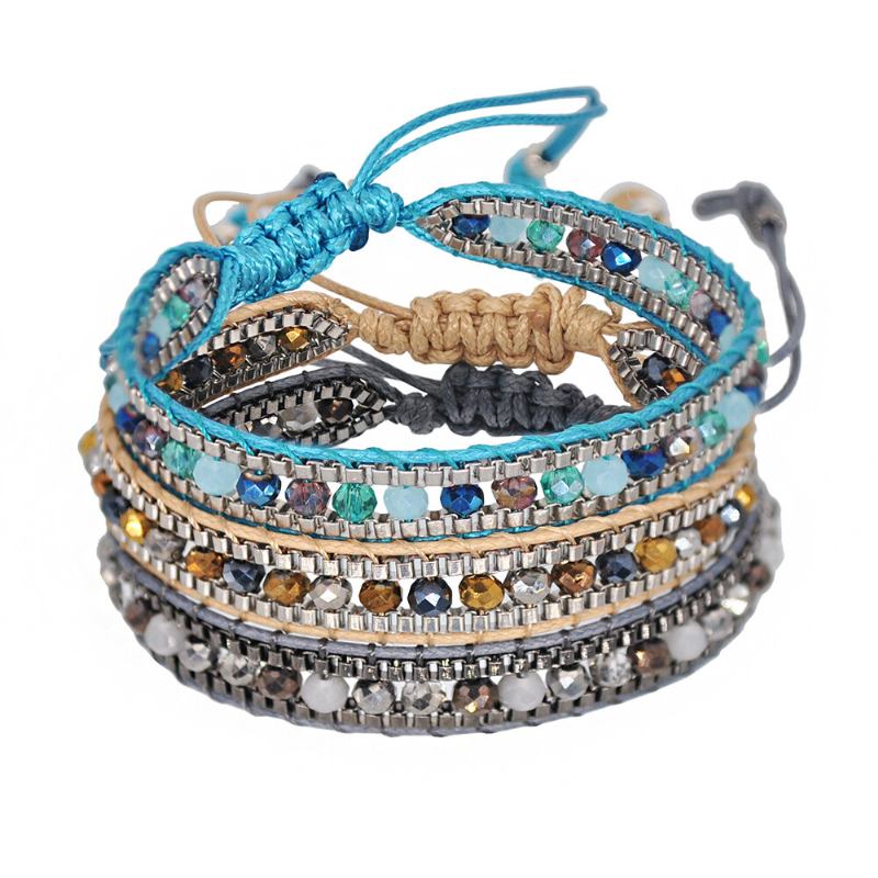 10 Farver Bohemian Crystal Beaded Armbånd Flerlagsreb Teleskopjustering Damearmbånd