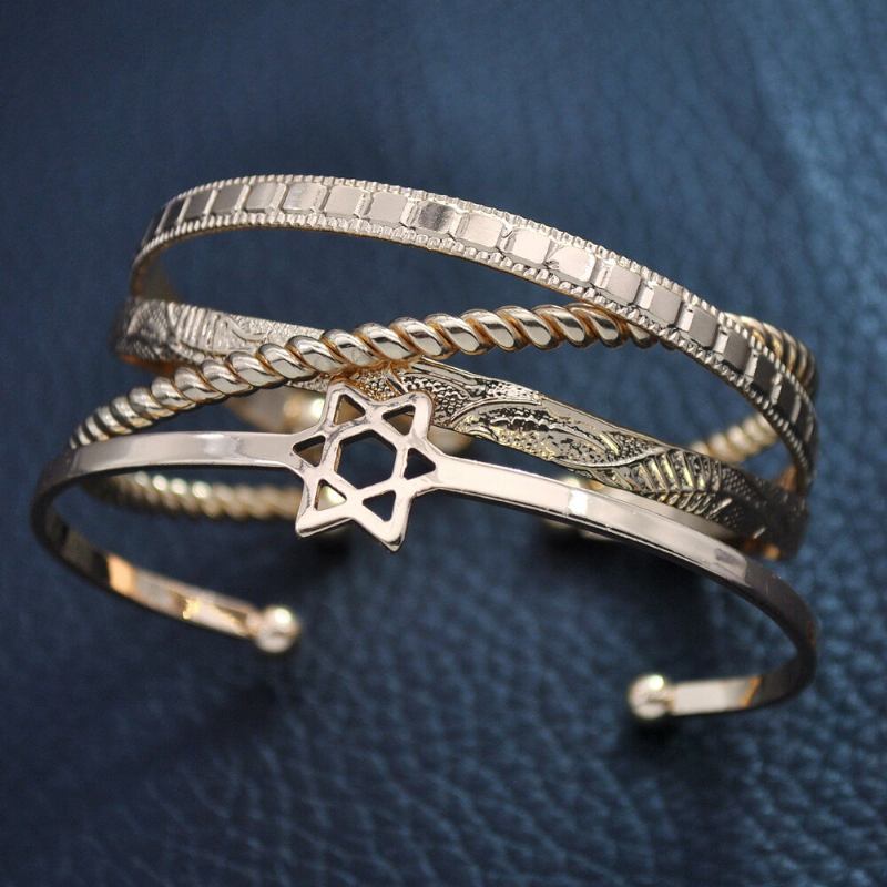 4 Stk Trendy Kreativ Guld Åbning Hjerte Stjerne Måne Design Armring Sæt Dame Armbånd Smykker