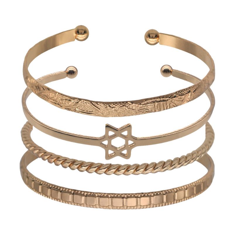 4 Stk Trendy Kreativ Guld Åbning Hjerte Stjerne Måne Design Armring Sæt Dame Armbånd Smykker