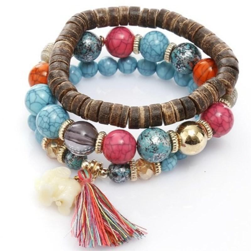 Bohemian Multi-layer Wooden Tassels Armbånd Cutely Elephant Beaded Armbånd