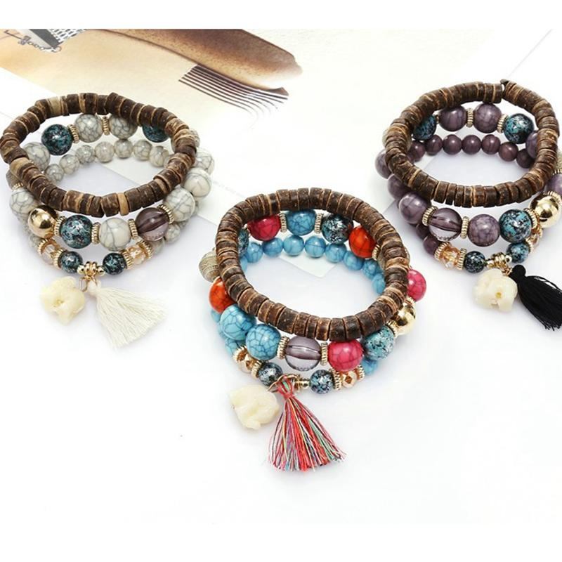 Bohemian Multi-layer Wooden Tassels Armbånd Cutely Elephant Beaded Armbånd