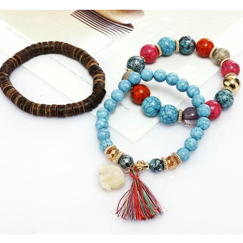 Bohemian Multi-layer Wooden Tassels Armbånd Cutely Elephant Beaded Armbånd