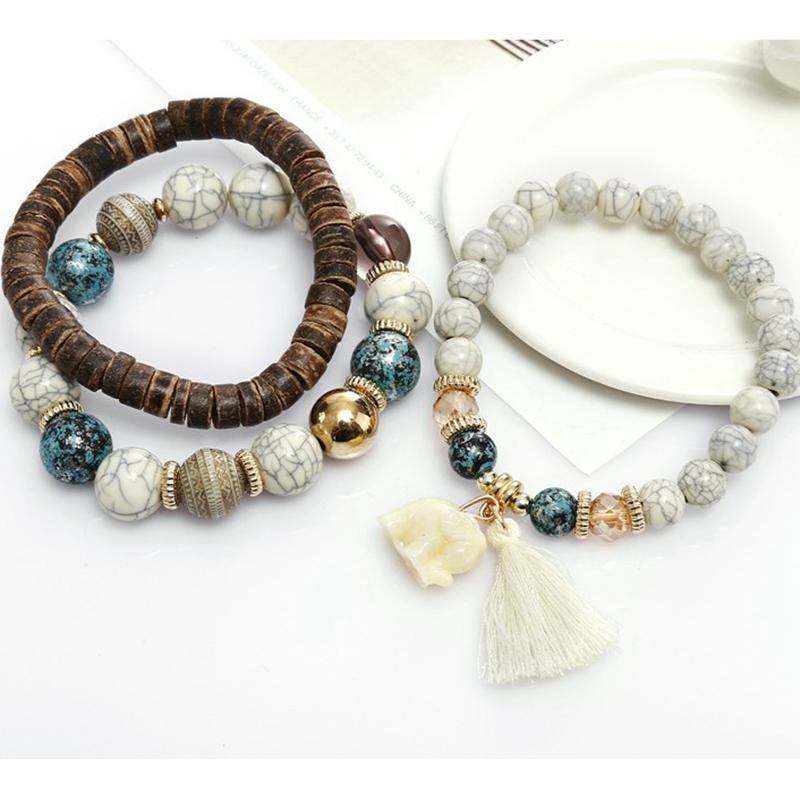 Bohemian Multi-layer Wooden Tassels Armbånd Cutely Elephant Beaded Armbånd