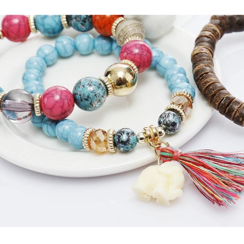 Bohemian Multi-layer Wooden Tassels Armbånd Cutely Elephant Beaded Armbånd