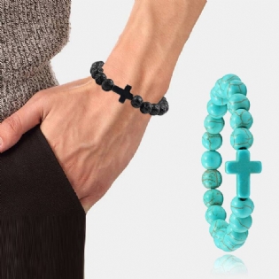 Turkis Cross Beads Armbånd Elastisk Rope Yoga Beads Natursten Unisex Armbånd