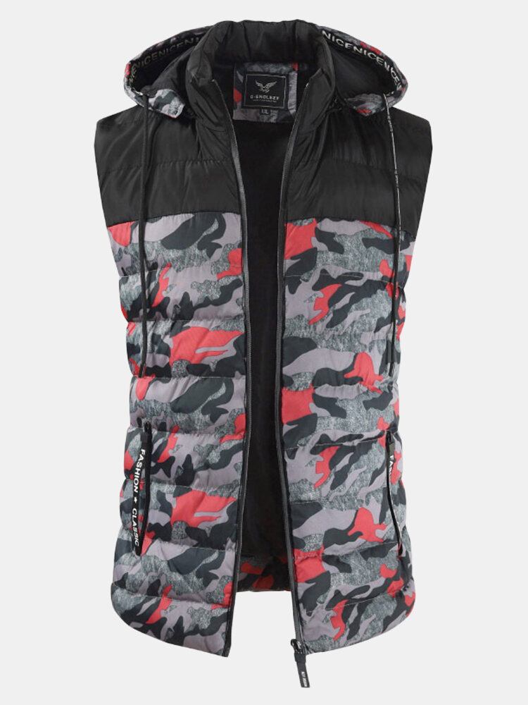 Herre Camo Patchwork Aftagelig Hætte Tyk Varm Polstret Vest