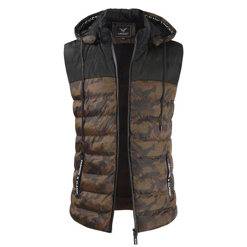 Herre Camo Patchwork Aftagelig Hætte Tyk Varm Polstret Vest