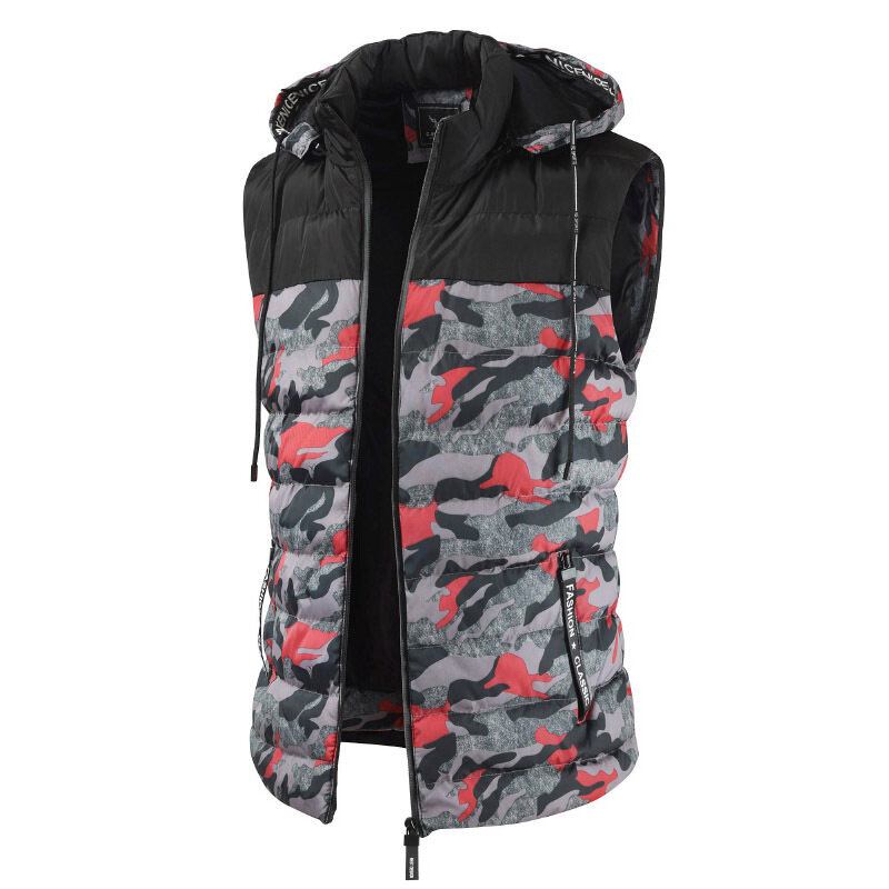 Herre Camo Patchwork Aftagelig Hætte Tyk Varm Polstret Vest