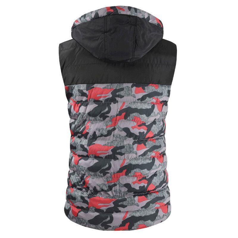 Herre Camo Patchwork Aftagelig Hætte Tyk Varm Polstret Vest