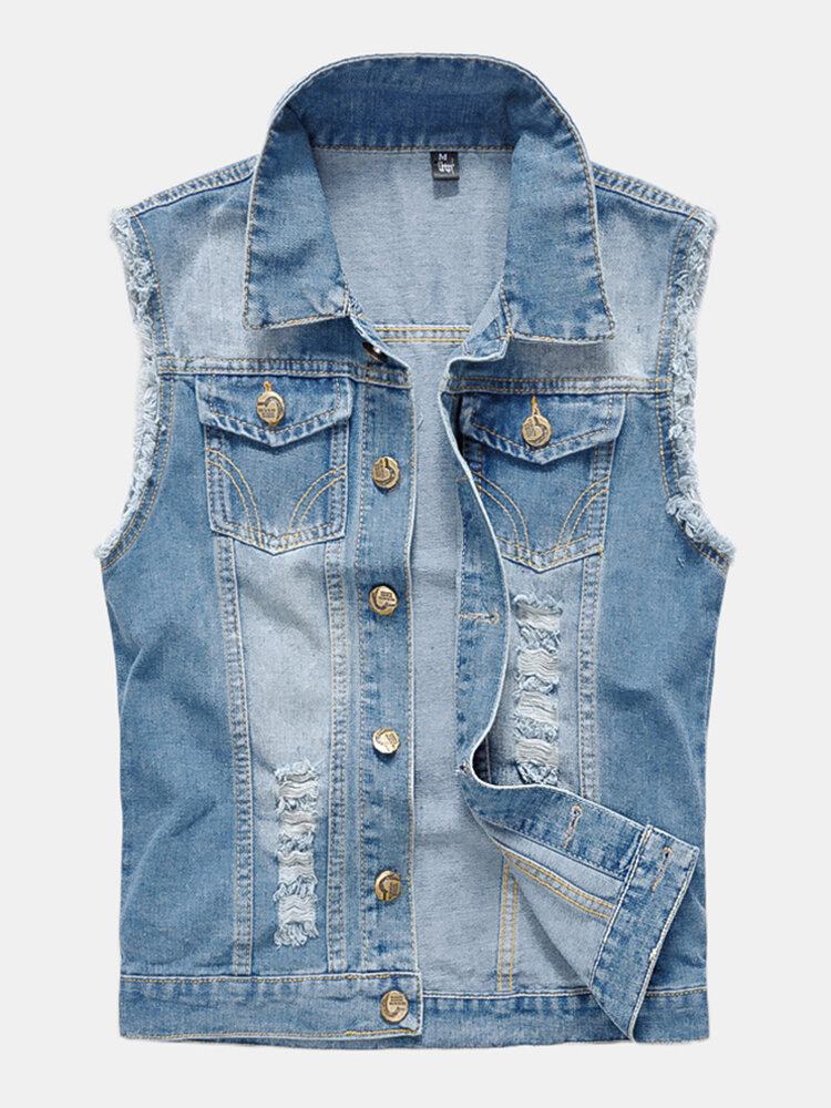 Herremode Denim Dobbeltlommer Turn Down Krave Casual Vest