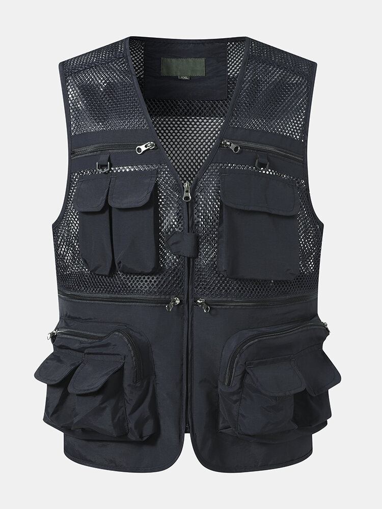 Mænd Tiered Detaljer Mesh Splejset Bøjle Multi Pocket Veste