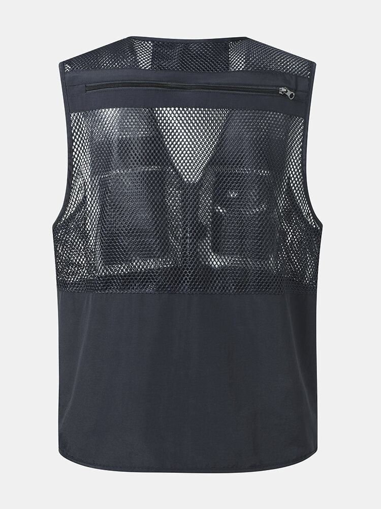 Mænd Tiered Detaljer Mesh Splejset Bøjle Multi Pocket Veste