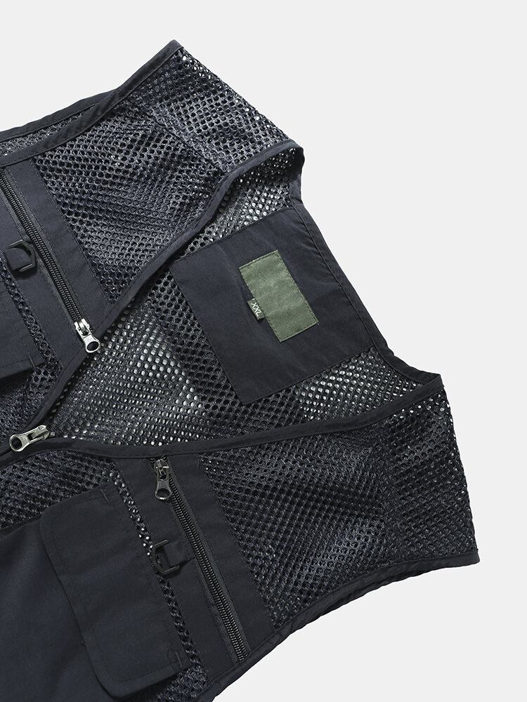 Mænd Tiered Detaljer Mesh Splejset Bøjle Multi Pocket Veste