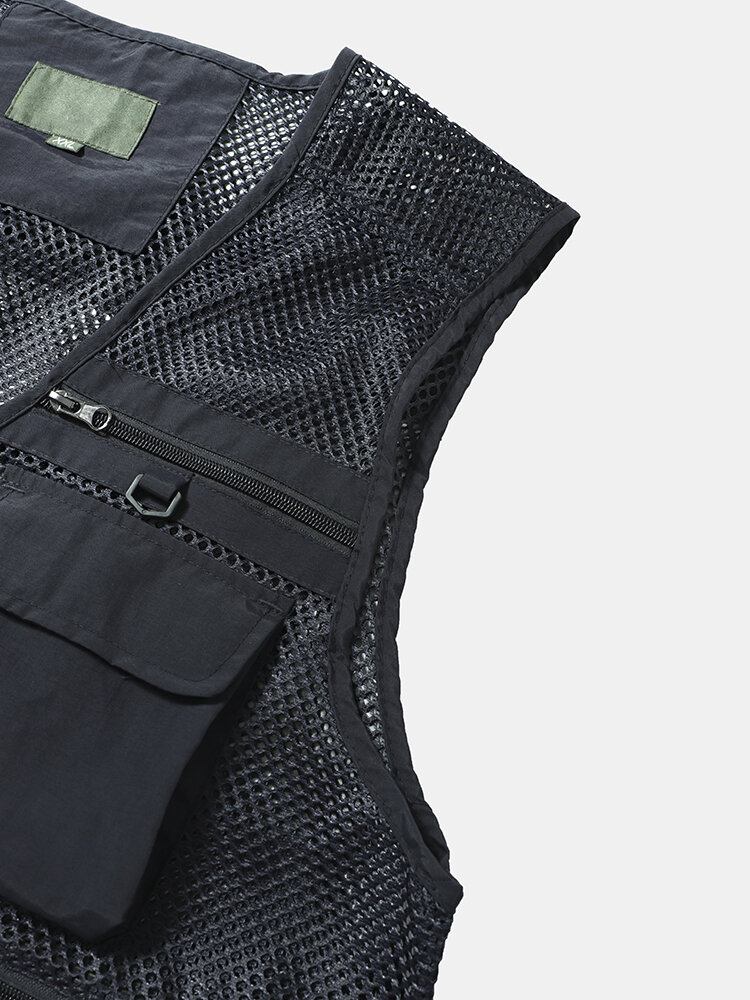 Mænd Tiered Detaljer Mesh Splejset Bøjle Multi Pocket Veste