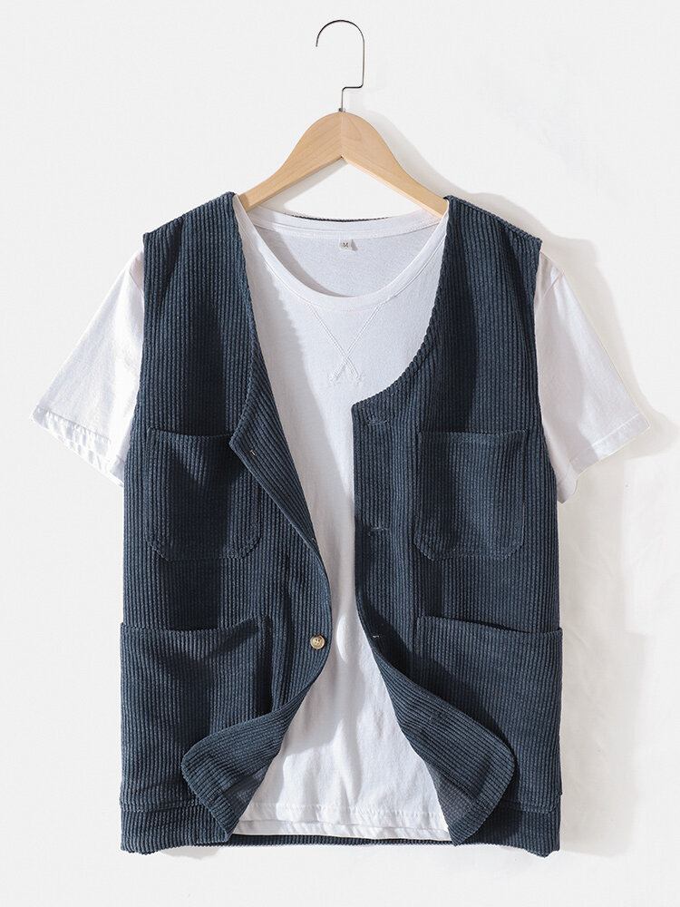 Mænds Corduroy Multi Pocket Button Up Sleeve Vest