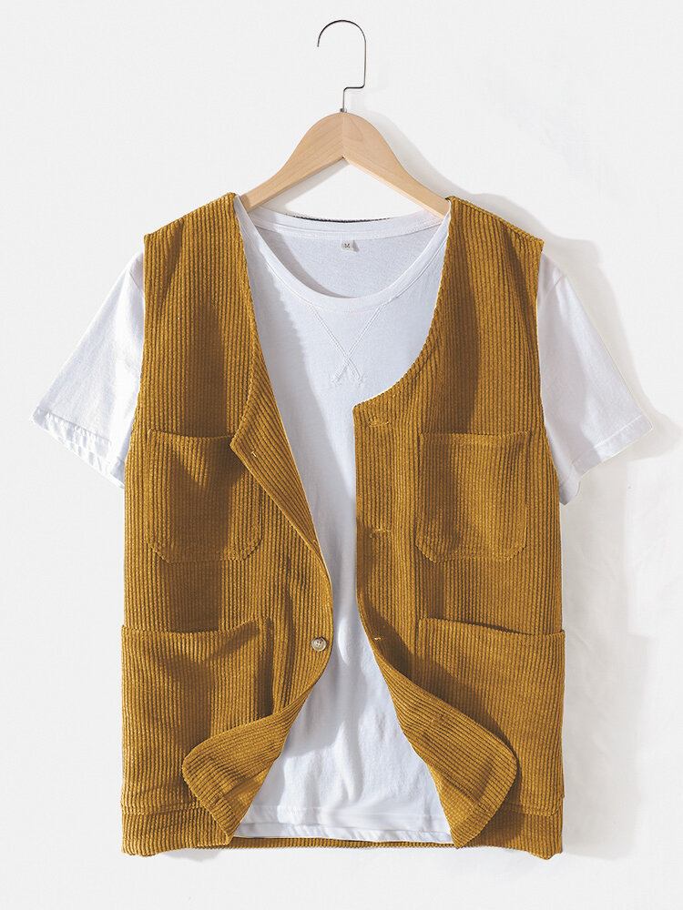 Mænds Corduroy Multi Pocket Button Up Sleeve Vest