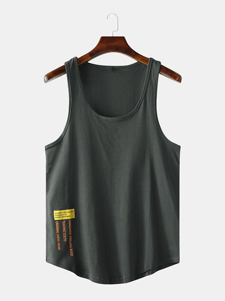 Mænd Casual Letter Print Ensfarvede Ærmeløse Tanktops Med Rund Hals