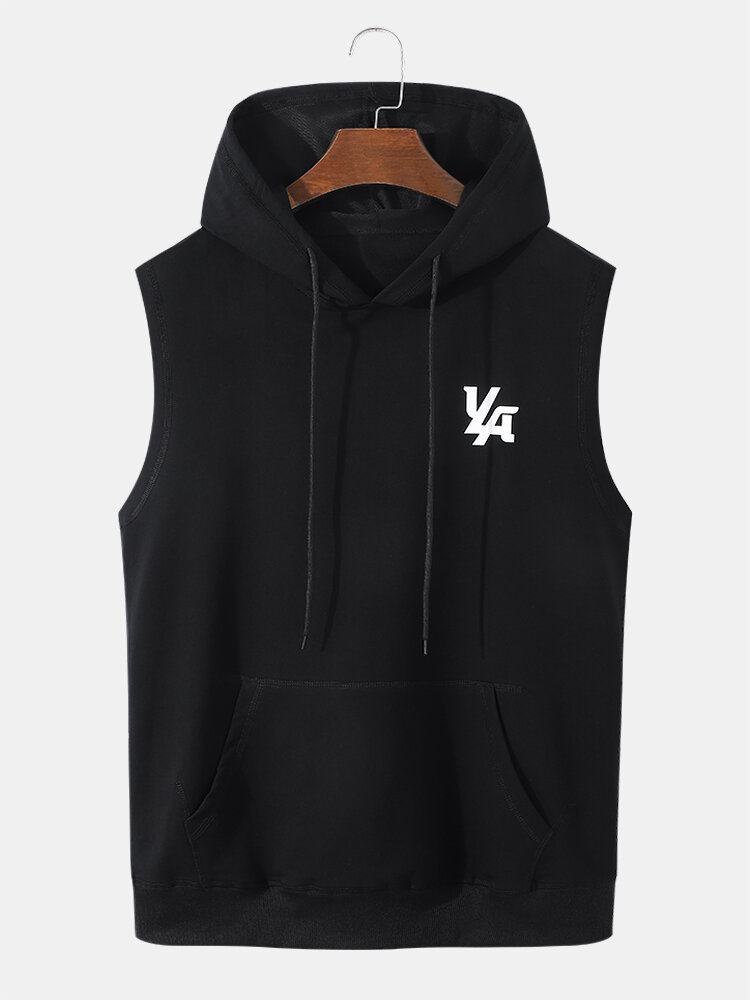 Mænd Grafisk Letter Ærmeløs Hætte Snøre Kangaroo Pocket Tank Top