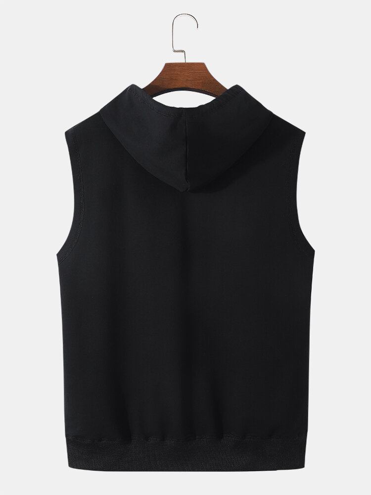 Mænd Grafisk Letter Ærmeløs Hætte Snøre Kangaroo Pocket Tank Top