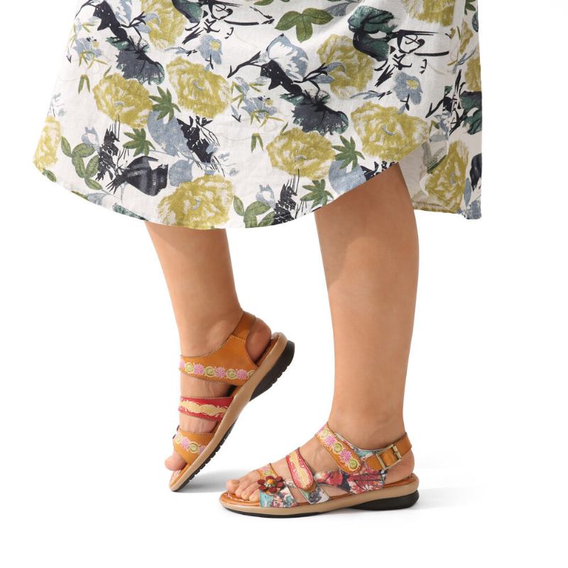 Ægte Læder Behagelig Sommerferie Bohemian Etnic Floral Hooks Loop Slide Sandaler