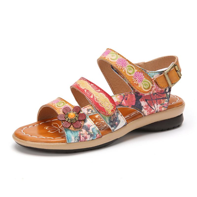 Ægte Læder Behagelig Sommerferie Bohemian Etnic Floral Hooks Loop Slide Sandaler