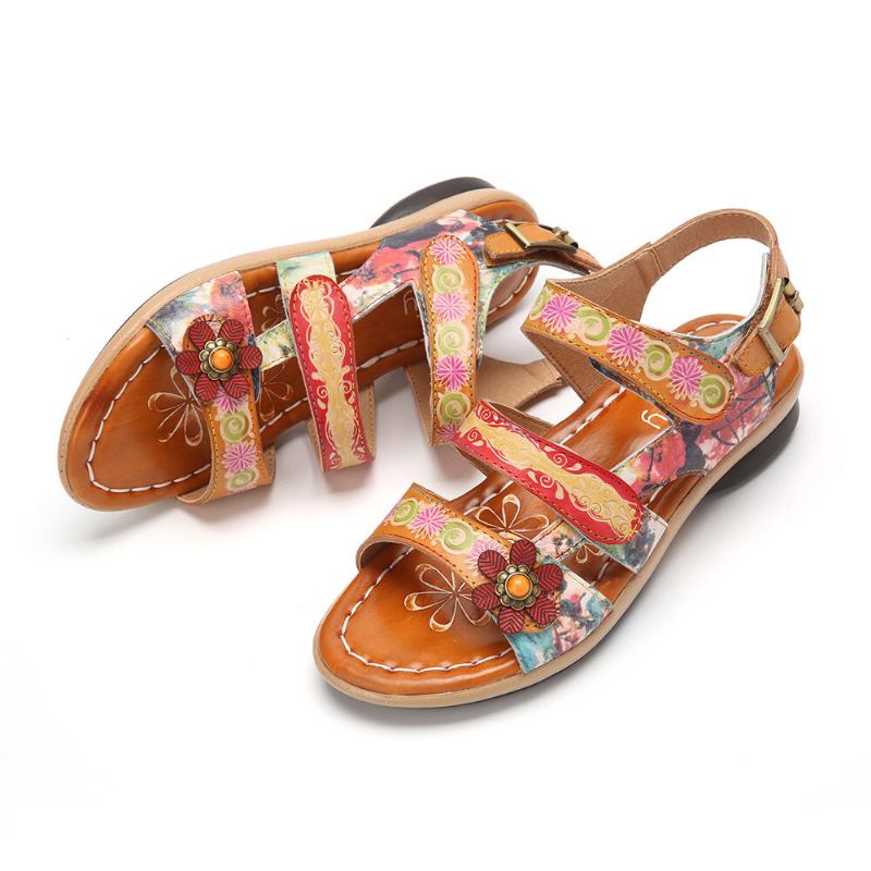 Ægte Læder Behagelig Sommerferie Bohemian Etnic Floral Hooks Loop Slide Sandaler