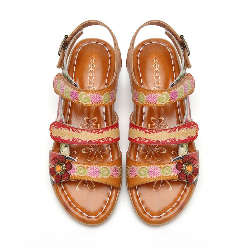 Ægte Læder Behagelig Sommerferie Bohemian Etnic Floral Hooks Loop Slide Sandaler