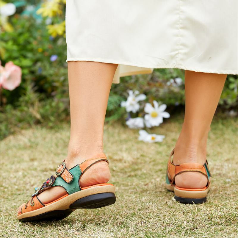 Ægte Læder Behagelig Sommerferie Bohemian Etnisk Blomsterdekor Hook Loop Slidesandaler