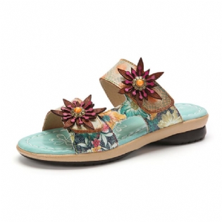 Ægte Læder Comfy Halcyon Beach Vacation Bohemian Etnic Floral Decor Slide Sandaler