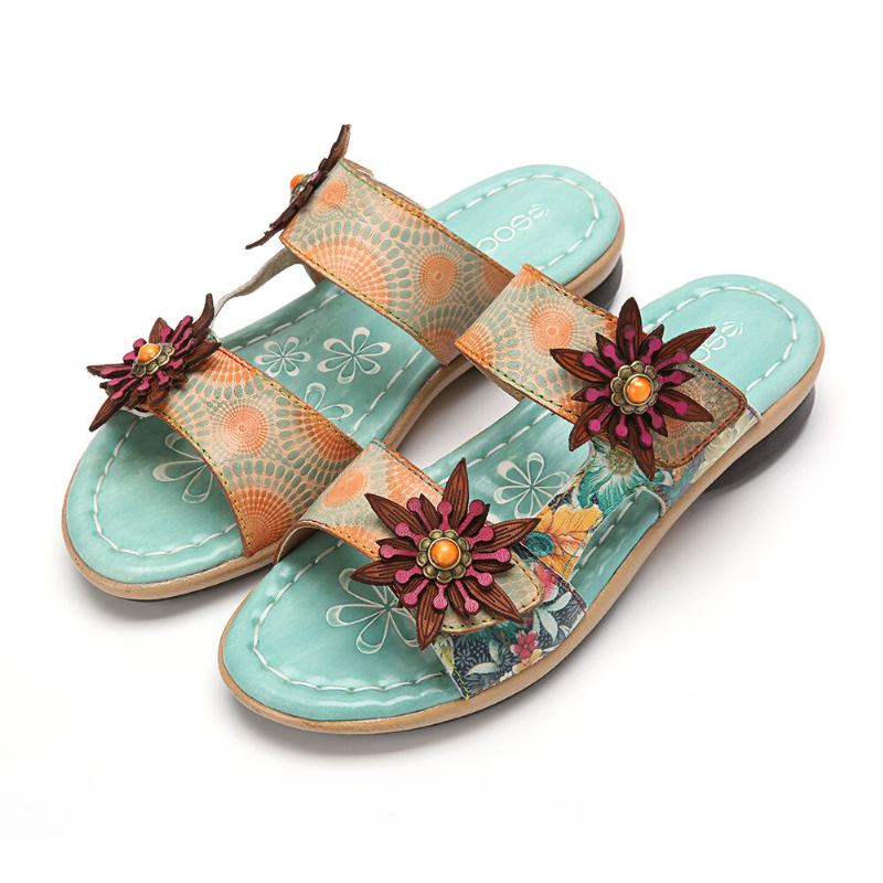 Ægte Læder Comfy Halcyon Beach Vacation Bohemian Etnic Floral Decor Slide Sandaler