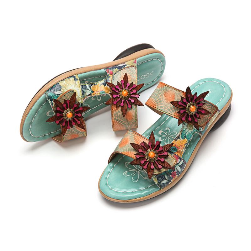 Ægte Læder Comfy Halcyon Beach Vacation Bohemian Etnic Floral Decor Slide Sandaler