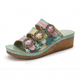 Ægte Læder Comfy Halcyon Beach Vacation Bohemian Etnisk Pyntet Wedges Sandaler