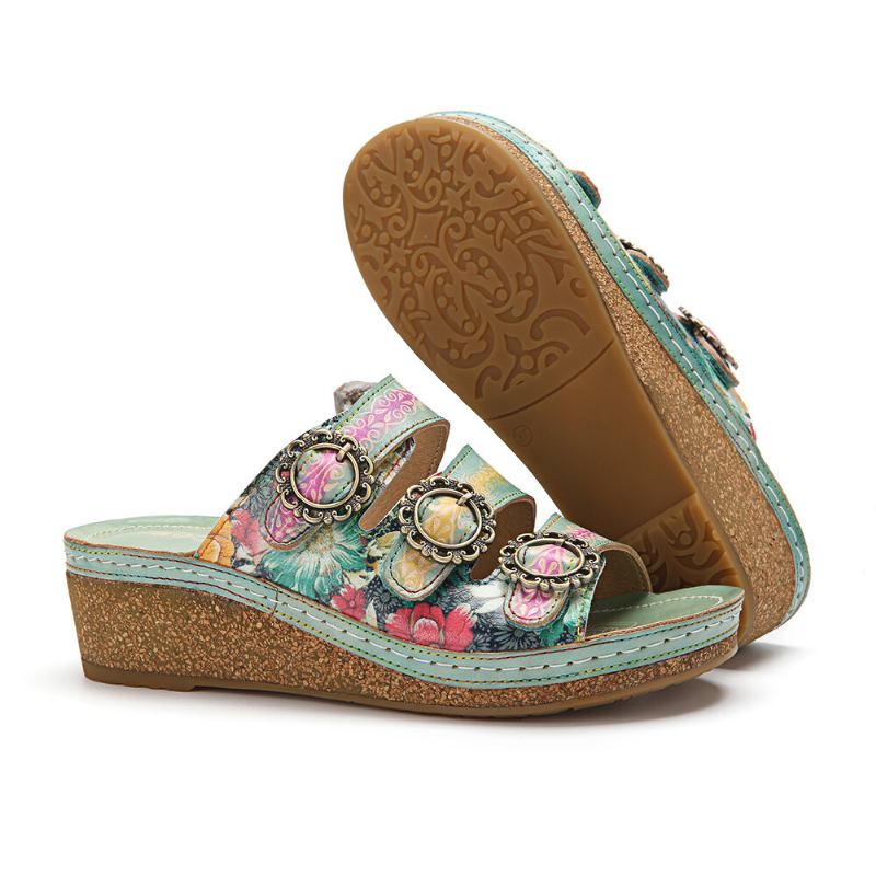 Ægte Læder Comfy Halcyon Beach Vacation Bohemian Etnisk Pyntet Wedges Sandaler