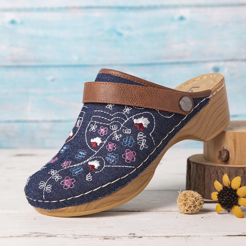 Dame Denim Blomsterbroderi Closed Toe Clogs Sandaler