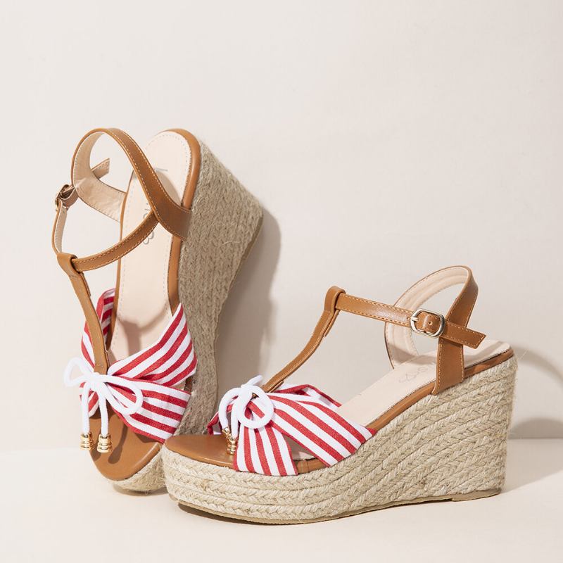 Dame Espadriller Stribet T-strop Cross Strap Casual Beach Wedge Sandaler