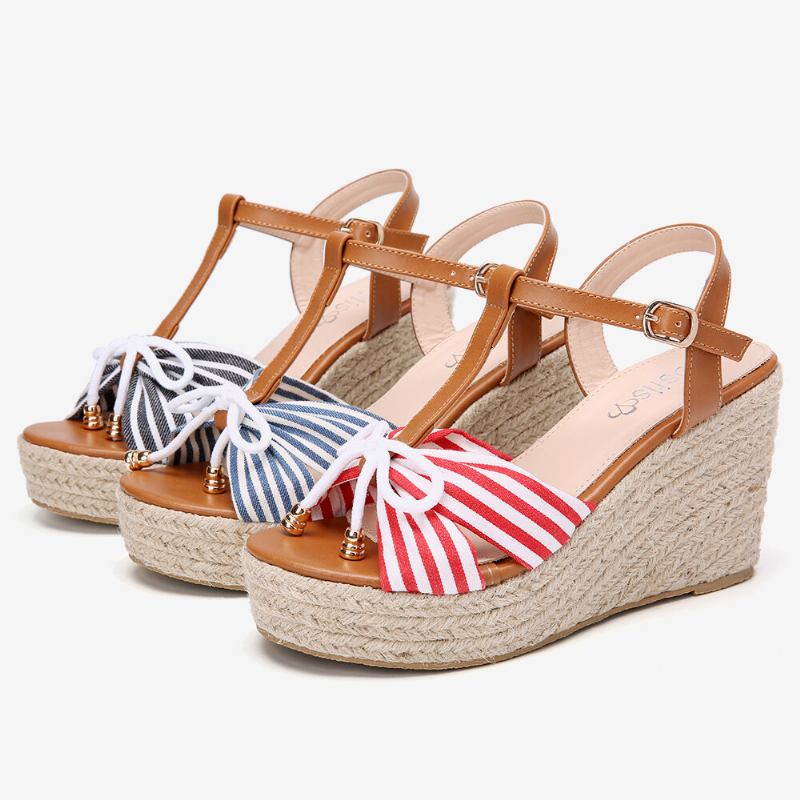 Dame Espadriller Stribet T-strop Cross Strap Casual Beach Wedge Sandaler