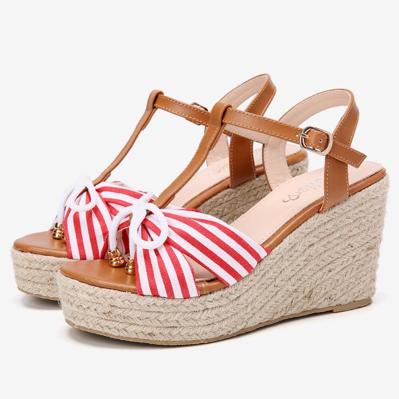 Dame Espadriller Stribet T-strop Cross Strap Casual Beach Wedge Sandaler