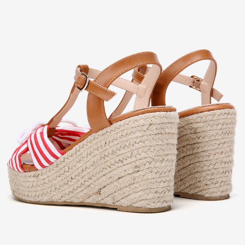 Dame Espadriller Stribet T-strop Cross Strap Casual Beach Wedge Sandaler