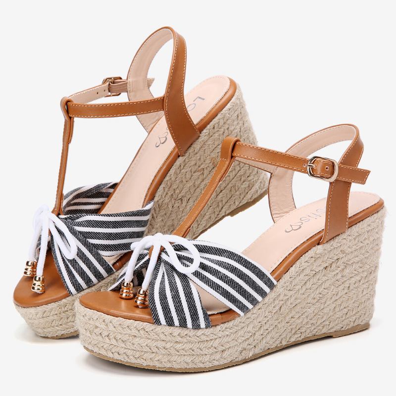 Dame Espadriller Stribet T-strop Cross Strap Casual Beach Wedge Sandaler