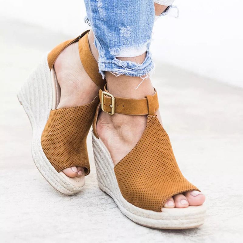 Dame Espadrilles Peep Toe Buckle Comfy Casual Wedges Sandaler