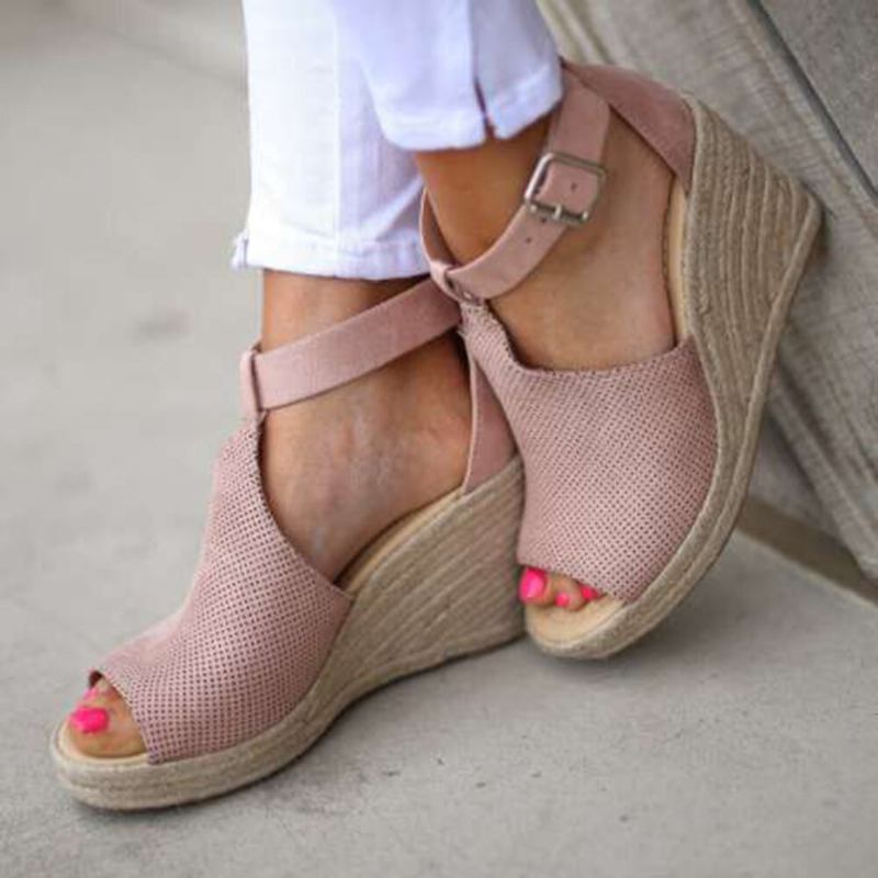 Dame Espadrilles Peep Toe Buckle Comfy Casual Wedges Sandaler