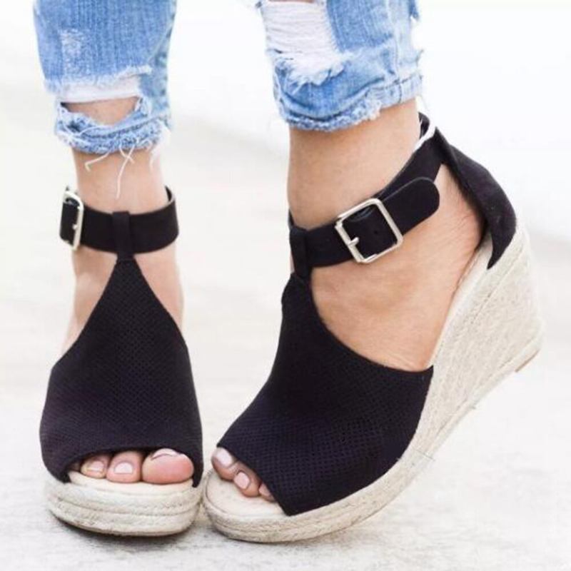 Dame Espadrilles Peep Toe Buckle Comfy Casual Wedges Sandaler