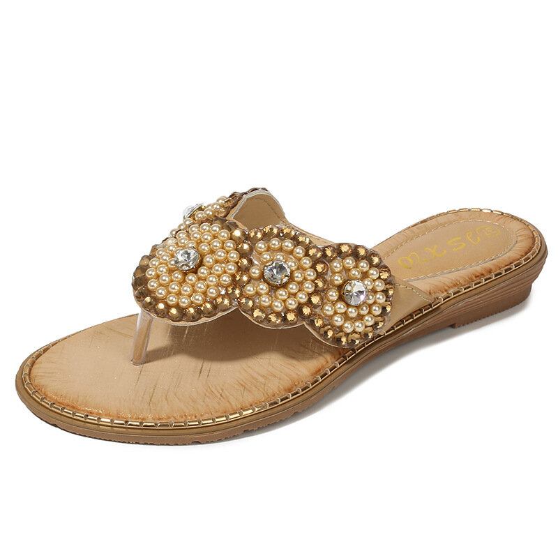 Dame Rhinestone Decor Clip Toe Flats Sandaler