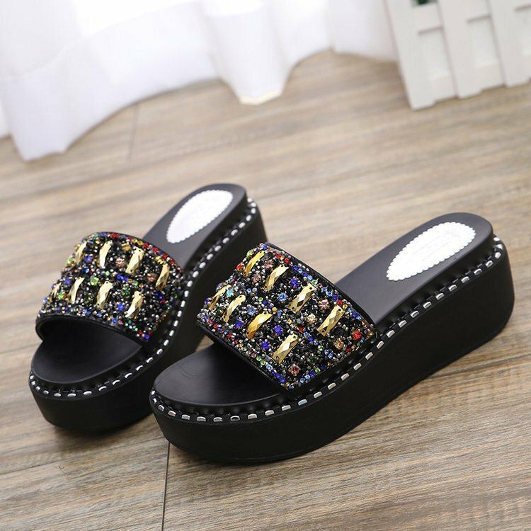 Dame Rhinestone Dekor Platform Slidesandaler