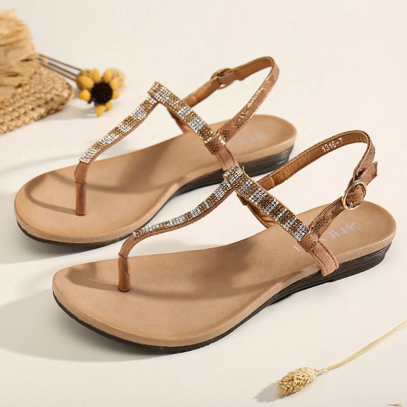 Dame Rhinestone Spænde Strap Comfy Non Slip Beach Clip Toe Sandaler