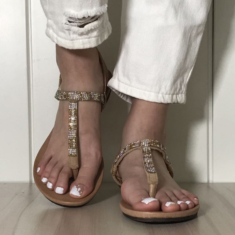 Dame Rhinestone Spænde Strap Comfy Non Slip Beach Clip Toe Sandaler