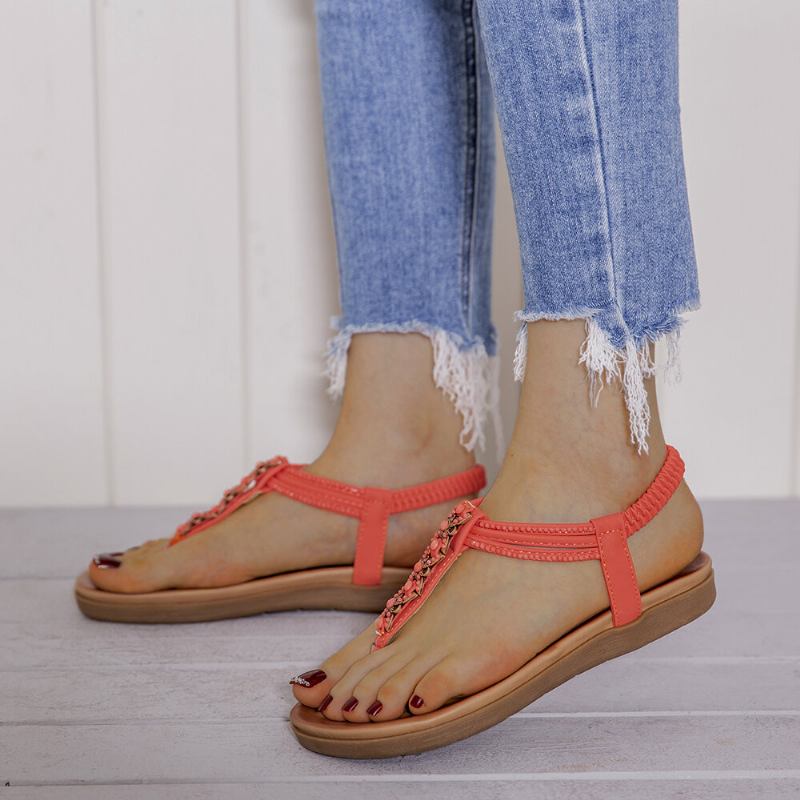 Dame T-strop Beading Elastikbånd Slip On Casual Strand Sommer Flade Sandaler