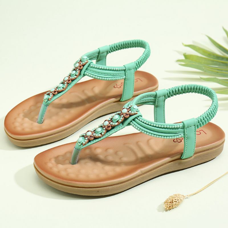 Dame T-strop Beading Elastikbånd Slip On Casual Strand Sommer Flade Sandaler