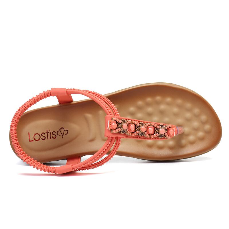 Dame T-strop Beading Elastikbånd Slip On Casual Strand Sommer Flade Sandaler